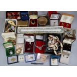 Box of assorted costume and other jewellery to include: brooches, necklaces, pendant and chain,