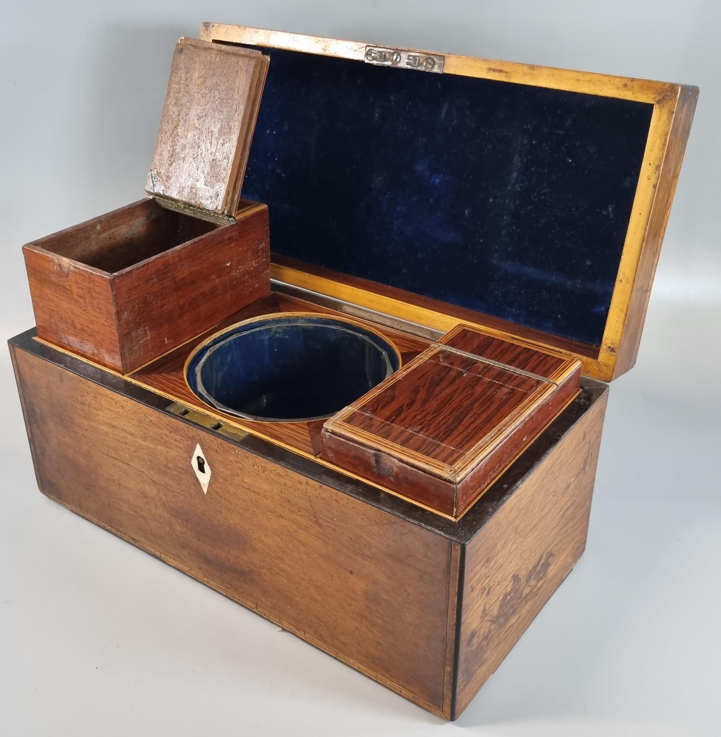 19th century mahogany and rosewood tea caddy of rectangular form the interior revealing two sections - Image 2 of 2