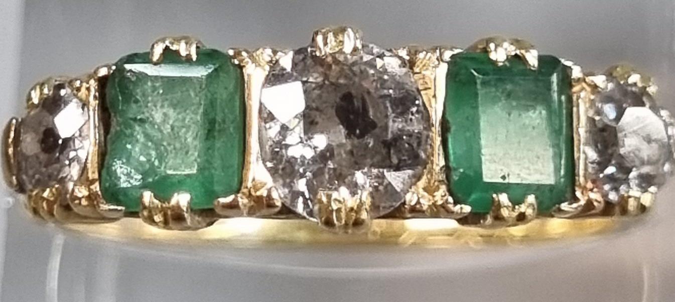 Probably 18ct gold diamond and emerald five stone ring, set with old cut diamonds, the centre - Image 2 of 4