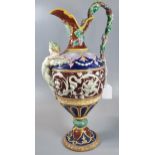 19th century, Majolica Renaissance style wine ewer jug with winged maiden to the front, birds,