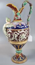 19th century, Majolica Renaissance style wine ewer jug with winged maiden to the front, birds,