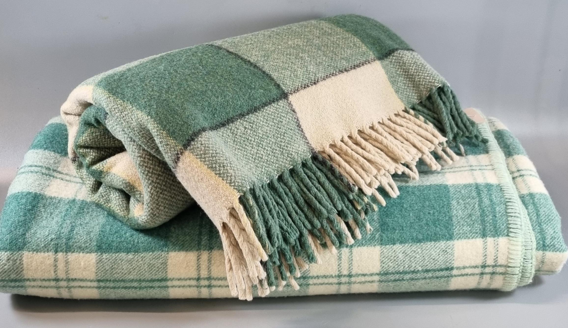 Two similar green and white checked Welsh blankets. (2) (B.P. 21% + VAT)