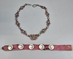 19th century French silver pink and white paste set necklace together wit ha set of five enamel
