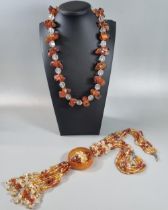 Carnelian and quartz necklace together with other carnelian and crystal jewellery to include
