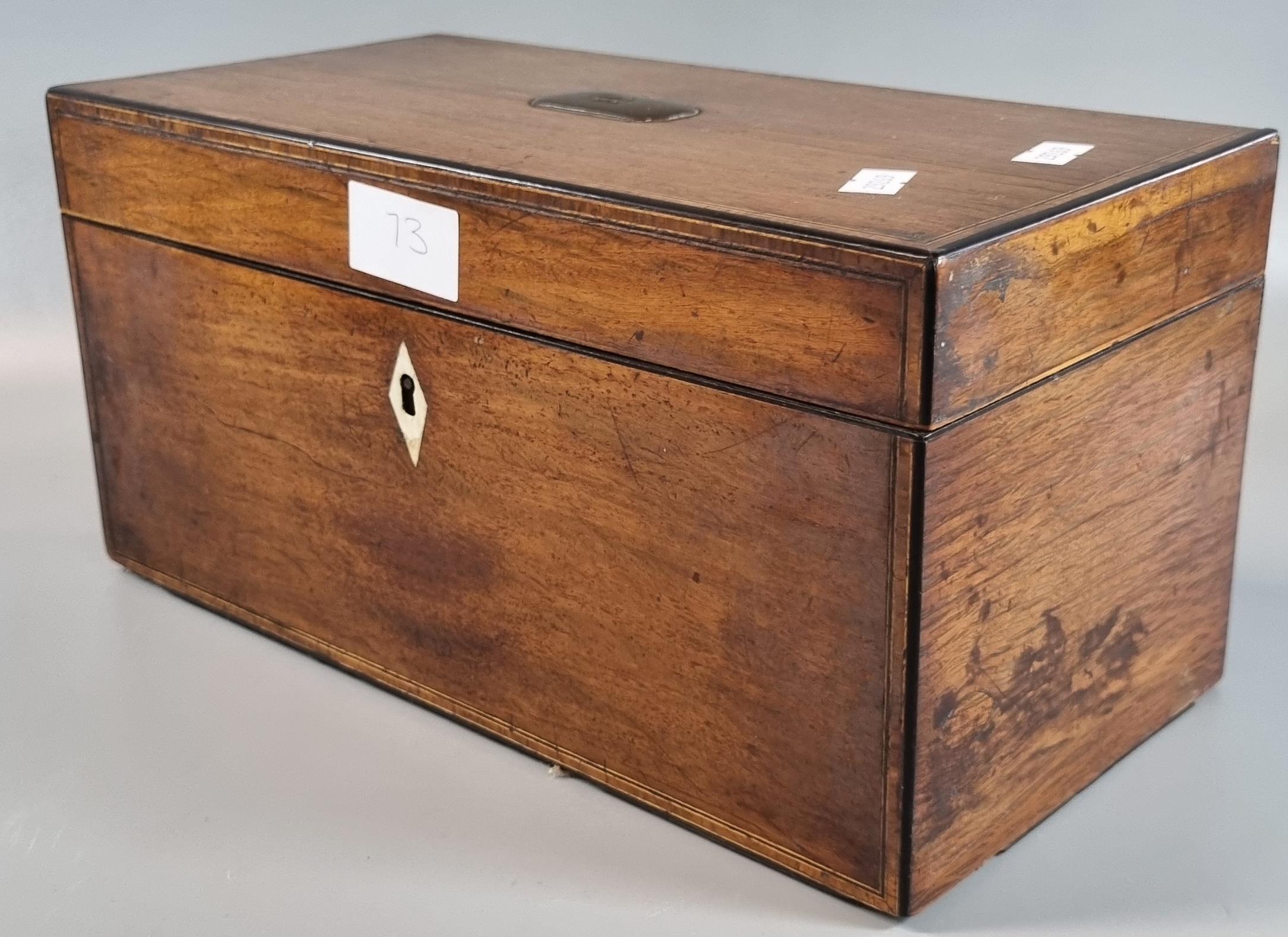 19th century mahogany and rosewood tea caddy of rectangular form the interior revealing two sections