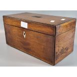 19th century mahogany and rosewood tea caddy of rectangular form the interior revealing two sections