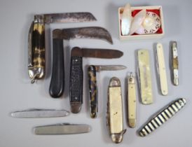 Collection of penknives and pocket knives including: zebra stripe, M V Britannic, mother of pearl
