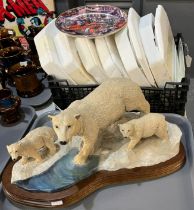 Collection of modern Collector's fire engine plates and a modern ceramic group of polar bears. (B.P.