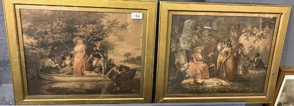 After George Morland ,a pair of18th century figure scenes, a picnic and fishing. 34x42cm approx.
