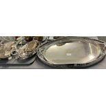 Quantity of silver plated items to include: two oval salvers, entre dishes, candelabrum etc. (2) (