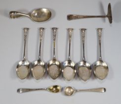 Bag of silver spoons together with silver baby feeder etc. 3.2 troy oz approx. (B.P. 21% + VAT)