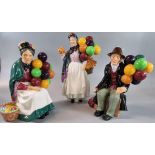 Three Royal Doulton bone china figurines to include: 'The Balloon Man', 'Biddy Pennyfarthing' and '
