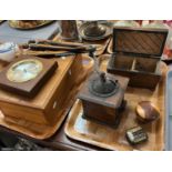 Assorted treen items to include: coffee grinder, Georgian sarcophagus tea caddy, elm box, African