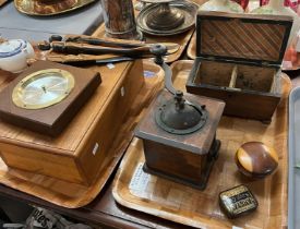 Assorted treen items to include: coffee grinder, Georgian sarcophagus tea caddy, elm box, African