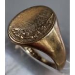 9ct gold foliate engraved signet ring. 4.4g approx. Size K1/2. (B.P. 21% + VAT)