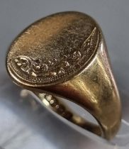 9ct gold foliate engraved signet ring. 4.4g approx. Size K1/2. (B.P. 21% + VAT)