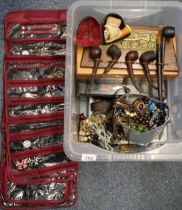 Box of oddments to include: pipe rack with various pipes, large collection of costume jewellery