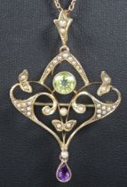 9ct gold Edwardian Suffragette seed pearl, peridot and amethyst pendant on fine link chain. Total
