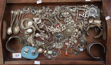 Wooden two handled tray comprising various silver and vintage white metal and other jewellery to