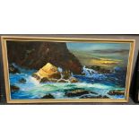 A Brown (British mid 20th century), a rocky cliff scene, signed dated 1959. Oils on board.