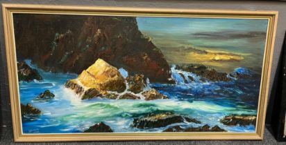 A Brown (British mid 20th century), a rocky cliff scene, signed dated 1959. Oils on board.