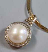 9ct gold herringbone chain with Mabe pearl and diamond pendant. 7.6g approx. (B.P. 21% + VAT)