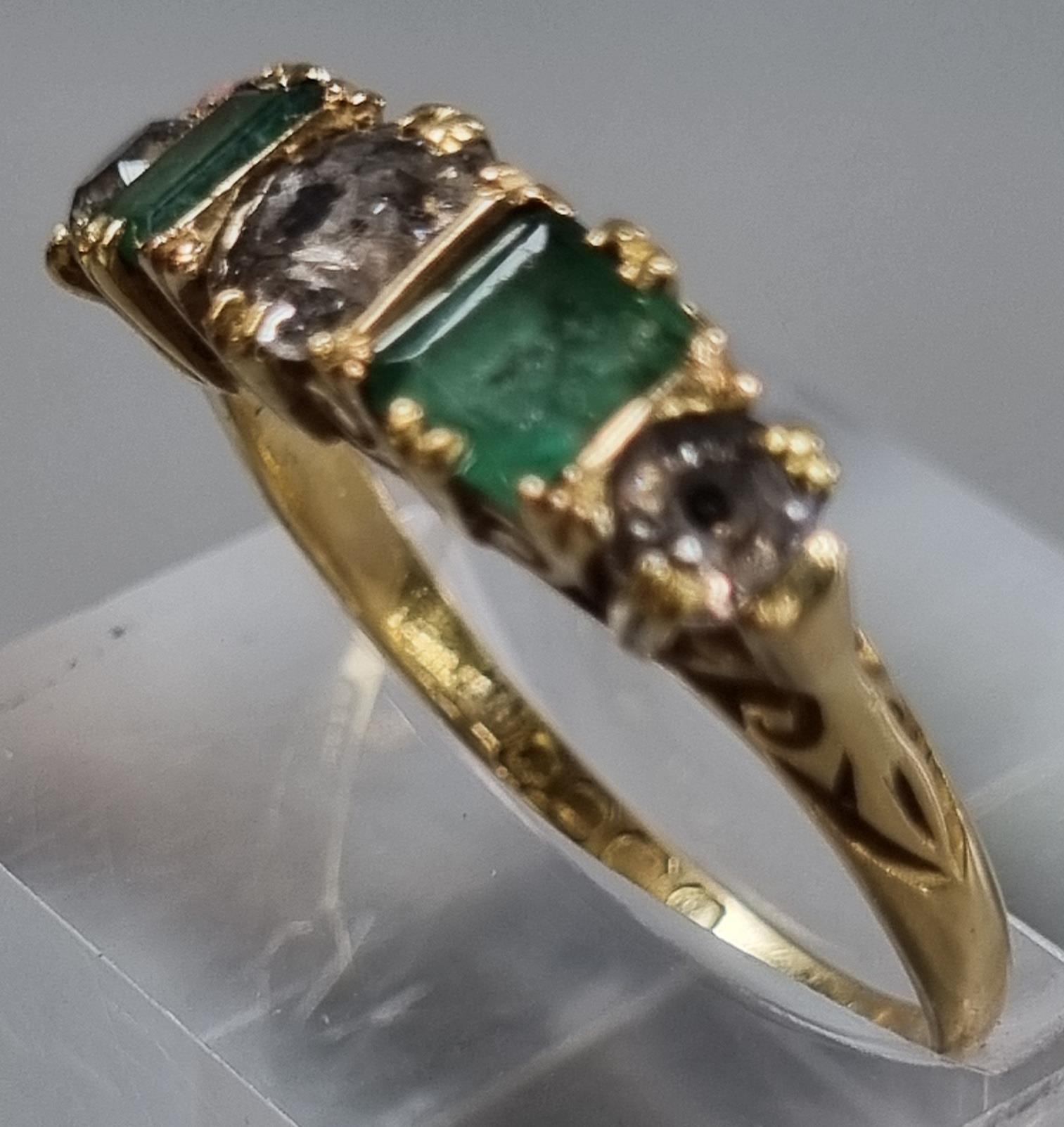 Probably 18ct gold diamond and emerald five stone ring, set with old cut diamonds, the centre - Image 4 of 4