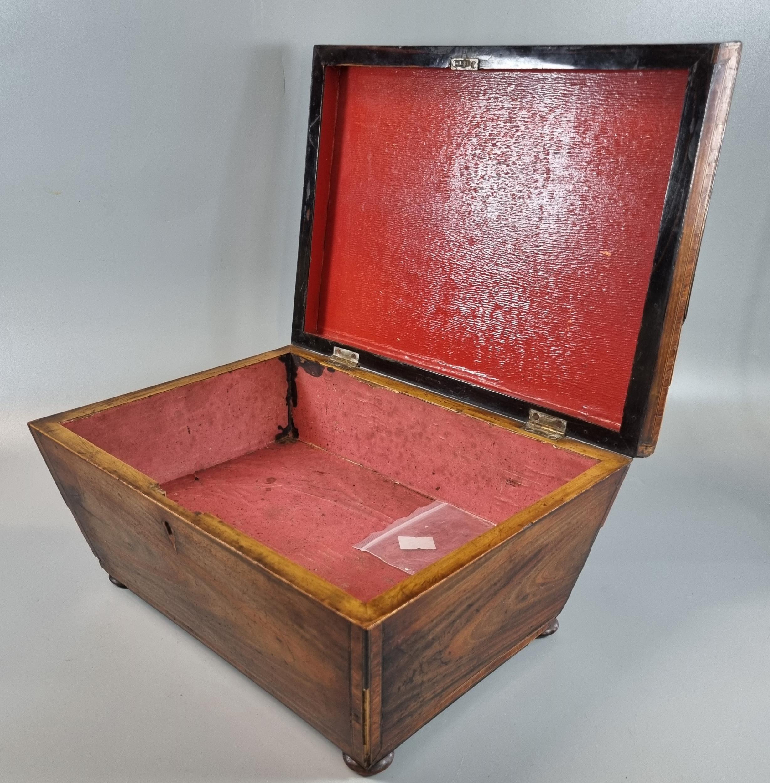 19th century mahogany sarcophagus work/jewellery box with herringbone inlay, raised on pad feet. ( - Image 2 of 2