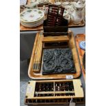 Tray of assorted treen and scientific instruments, ceramic relief panel, abacus x3, measuring stick,