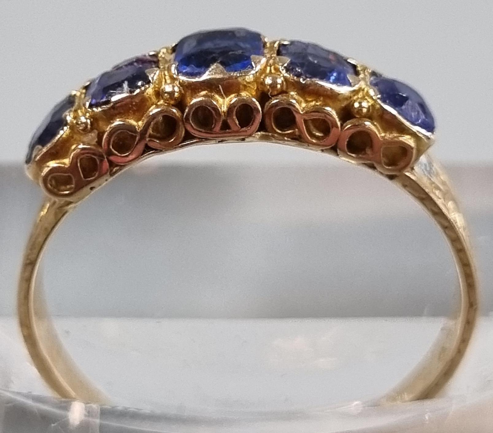 15ct gold Victorian ring set with five cornflower blue sapphires. 1.7g approx. Size L1/2. In antique - Image 3 of 6