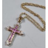 9ct gold fine link chain with white and pink stone crucifix pendant. 3.4g approx. (B.P. 21% + VAT)