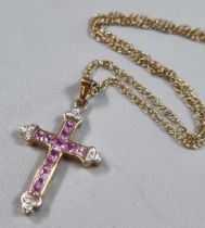 9ct gold fine link chain with white and pink stone crucifix pendant. 3.4g approx. (B.P. 21% + VAT)