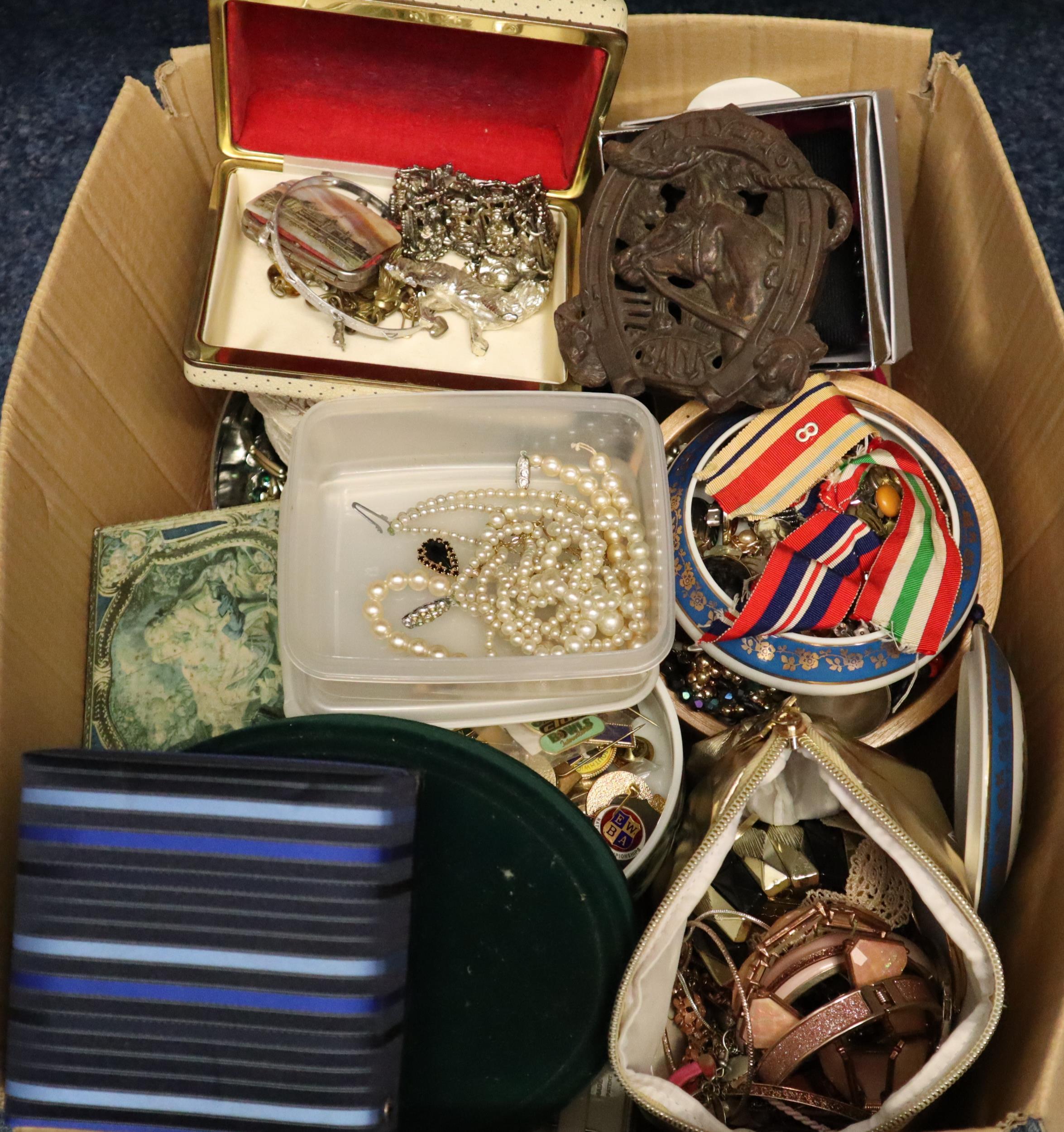 Box of mainly jewellery: various costume, tie and cufflinks set, set of darts, various badges,