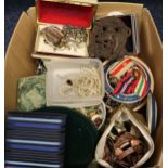 Box of mainly jewellery: various costume, tie and cufflinks set, set of darts, various badges,
