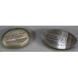 Two vintage Miner's snuff boxes, engraved and marked 'Tom Finch Treorchy' and 'Thomas James'. (2) (