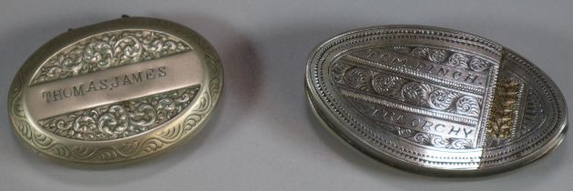Two vintage Miner's snuff boxes, engraved and marked 'Tom Finch Treorchy' and 'Thomas James'. (2) (
