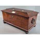 19th century mahogany sarcophagus shaped tea caddy, the interior revealing two sections with ceramic