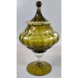 Mid century yellow glass bowl and cover on a fluted pedestal and circular base. (B.P. 21% + VAT)