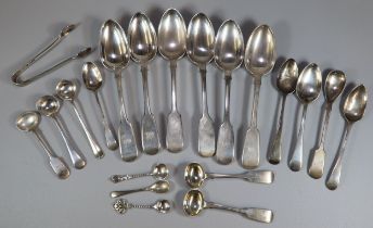 Collection of silver and silver plated spoons, some Victorian together with silver sugar nips,