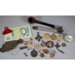 Plastic tub of assorted medals and enamel badges, ACME Shepherds Lip Whistle, large cigar cutter,
