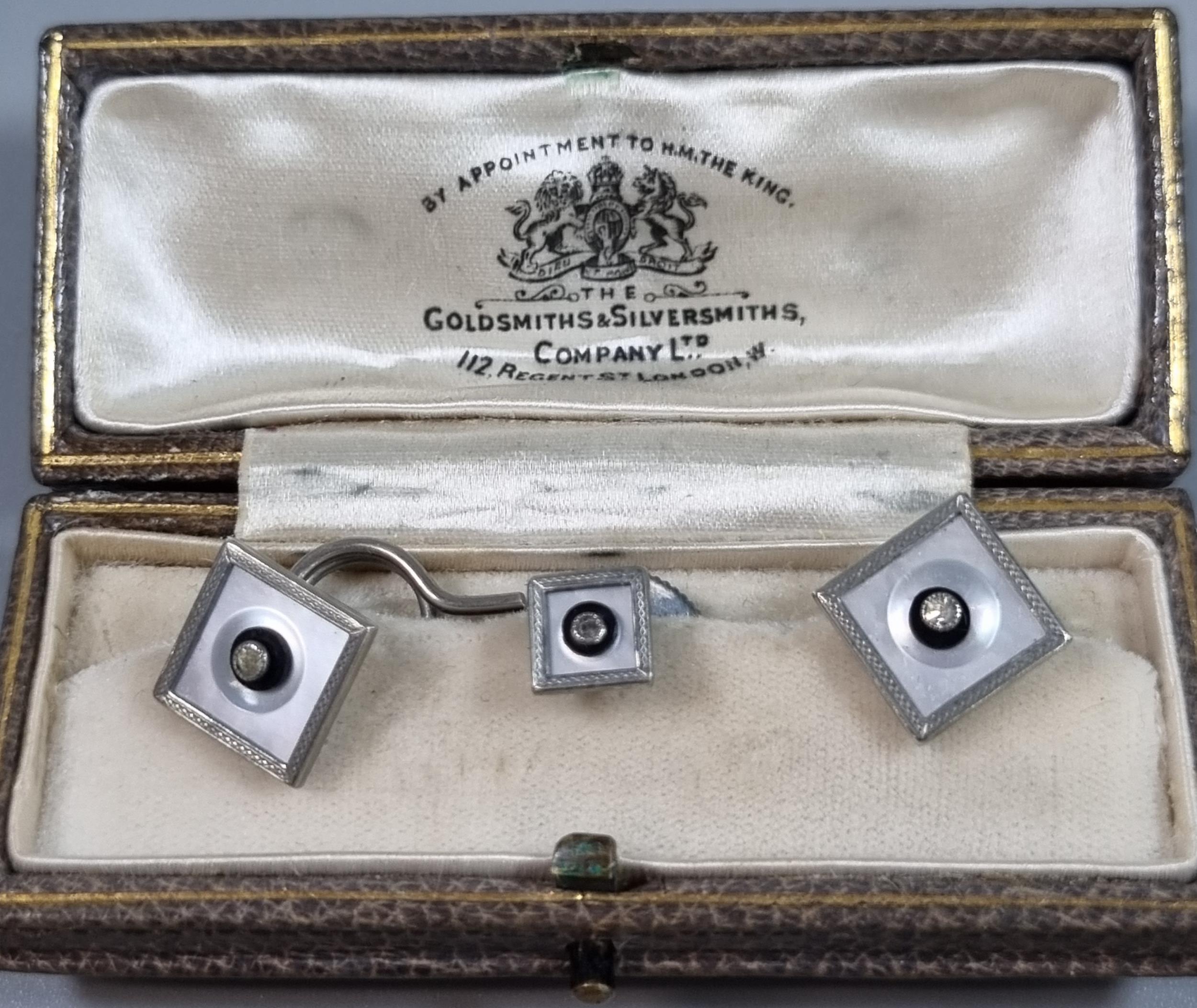 Cased set of Goldsmiths & Silversmiths shirt studs together with a 15ct gold Masonic tie pin (1.4g - Image 3 of 3