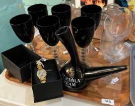 Set of six modern glass wine glasses, other glasses, carafe, dress watch etc. (B.P. 21% + VAT)