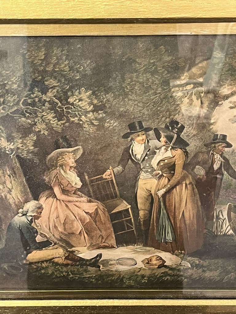After George Morland ,a pair of18th century figure scenes, a picnic and fishing. 34x42cm approx. - Image 4 of 4