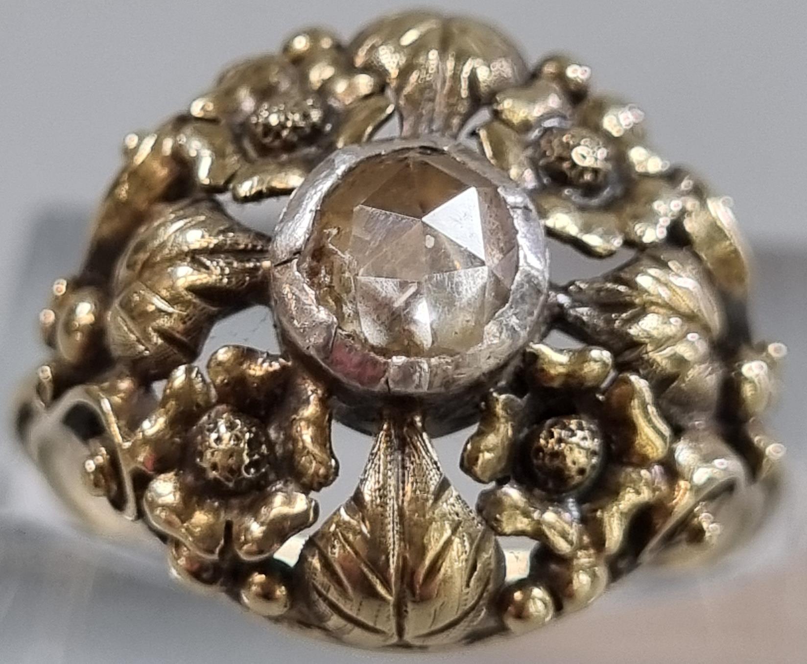 14ct gold Arts and Crafts style ring set with a rose cut diamond in ornate floral setting. 4.9g - Image 2 of 6