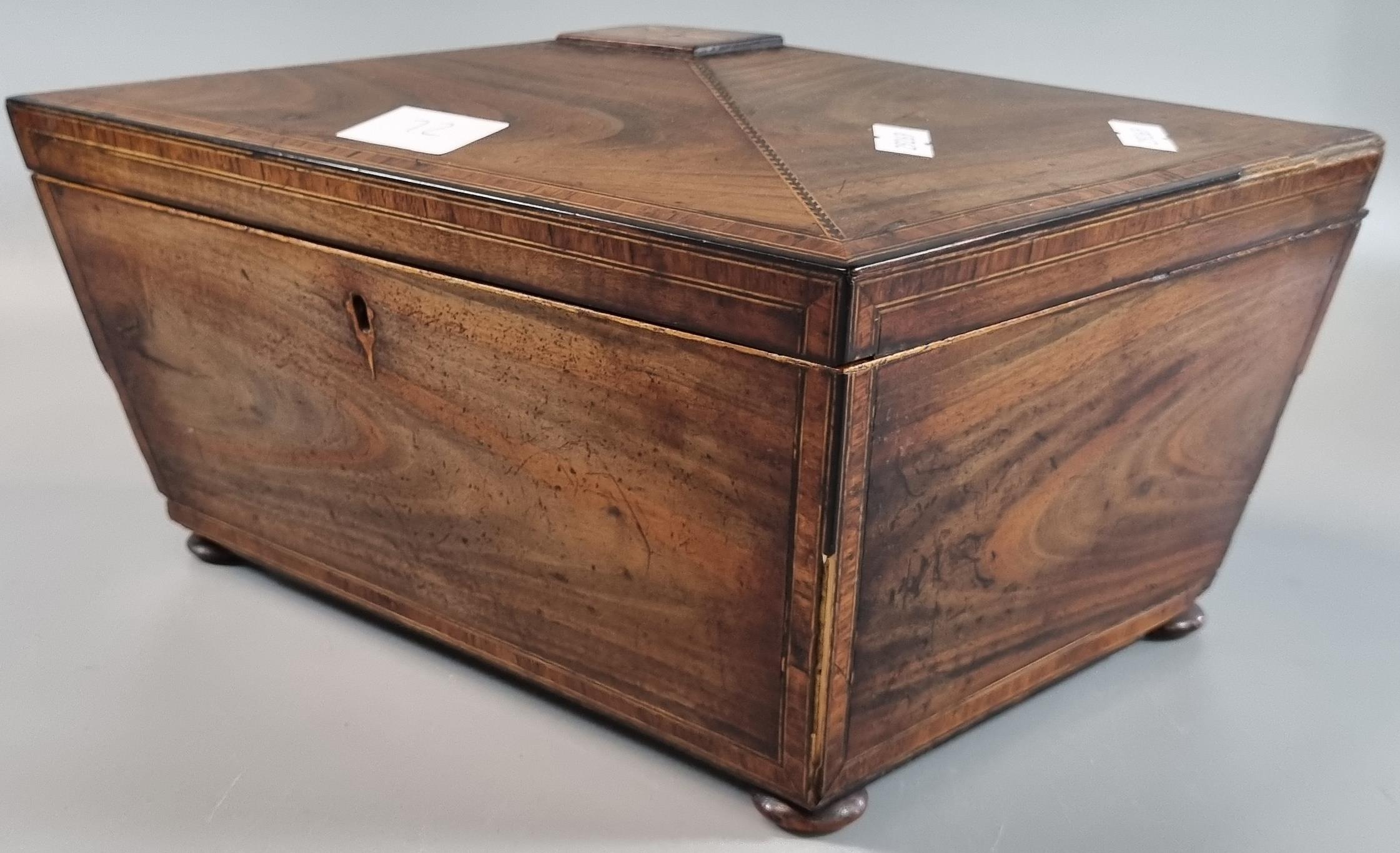 19th century mahogany sarcophagus work/jewellery box with herringbone inlay, raised on pad feet. (