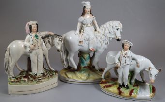 Staffordshire Pottery figure group of a young girl, possibly the Princess Royal mounted on a pony,