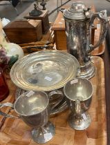 Group of ecclesiastical silver plated items to include: communion wine flagon, a paten, two
