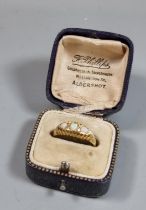 Edwardian 18ct gold diamond and three stone Opal ring in fitted box. 2.8g approx. Size O. (B.P.