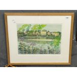 Ann Hickmott, 'The Lone Sculler', (the River Thames), coloured linocut print, signed in pencil by