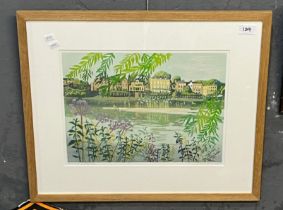 Ann Hickmott, 'The Lone Sculler', (the River Thames), coloured linocut print, signed in pencil by